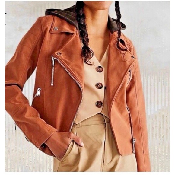 We The Free People Women’s Medium black Hood Tan Camel Vegan Leather Moto Jacket - Picture 2 of 9